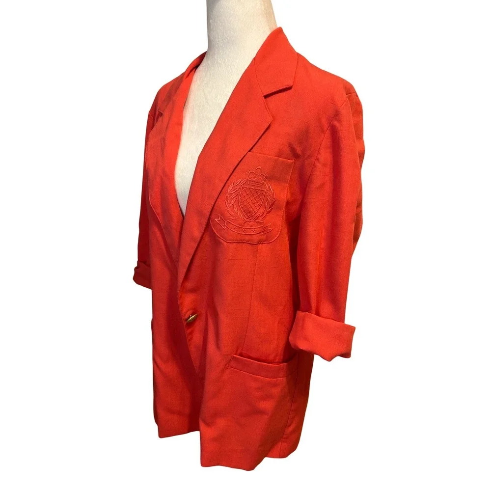 90s 80s coral oversized blazer‎ 3/4 sleeves powersuit gold button crest pocket